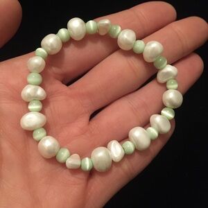 Faux White Pearl and Green Beaded Bracelet